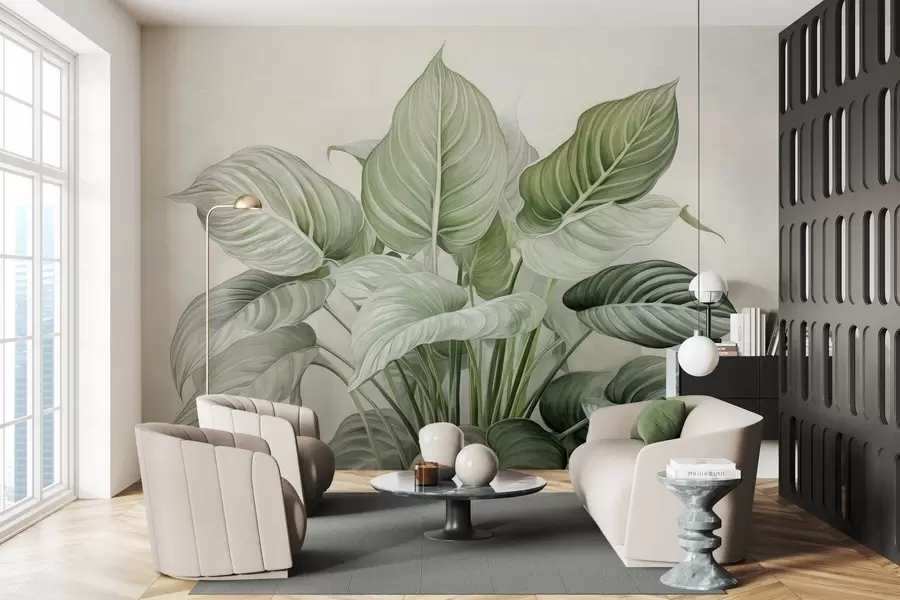 stenske poslikave Bujna grmovnica zelenih listov na steni w04835