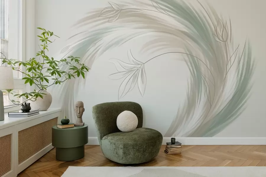 stenske poslikave zelene in bež perje in cvetje, ročno poslikano w04816