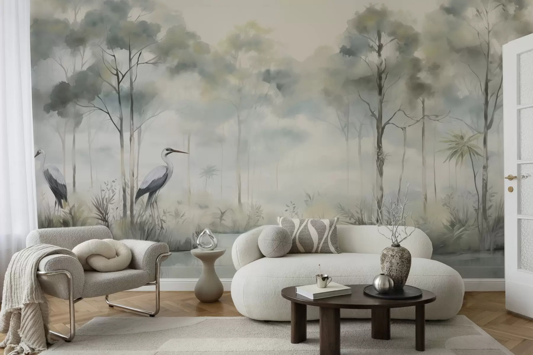stenske poslikave Meglen gozd ob vodi s čapljami, mehka hladna paleta w04788