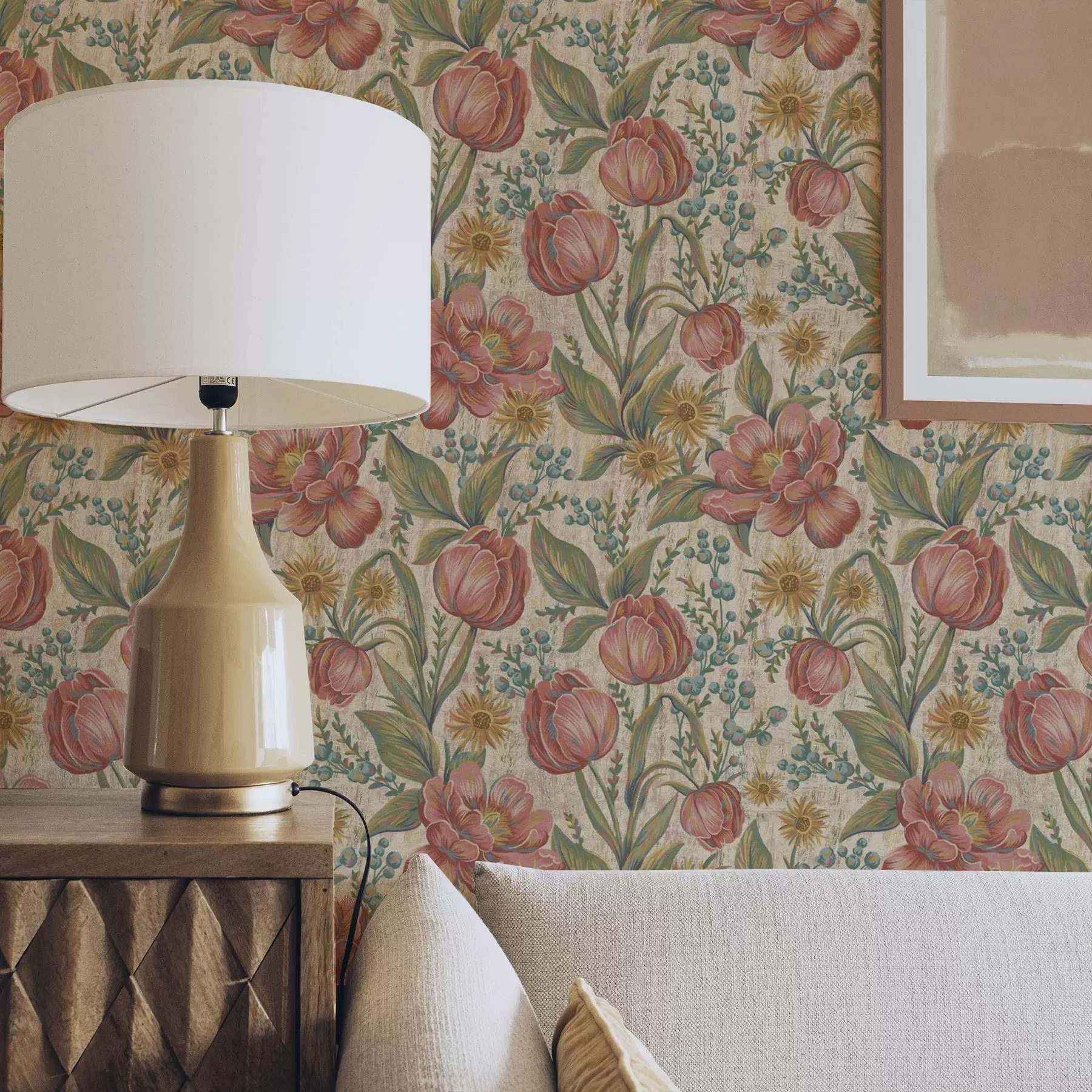 stenske poslikave Vintage tulipani in astre, teksturirano kremasto ozadje a00773