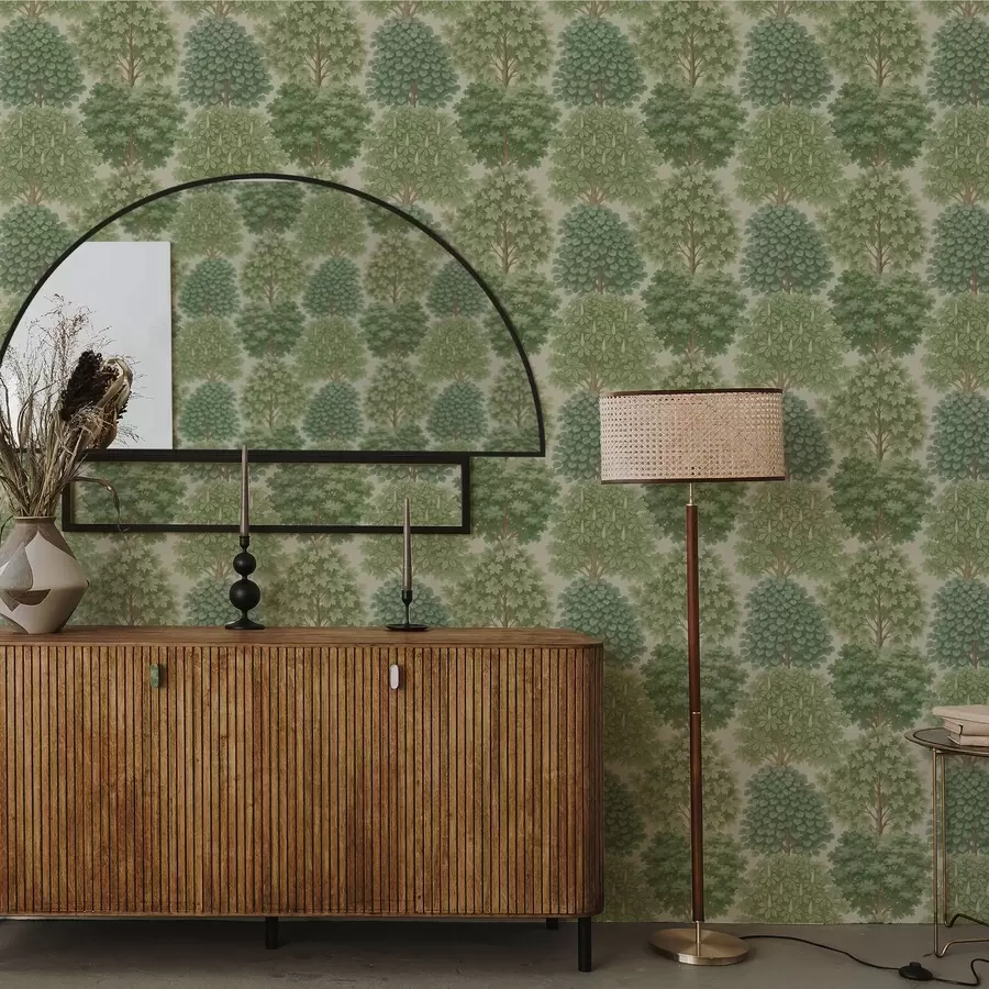 stenske poslikave Drevesni vrt v nežnih zelenih barvah na svetlem ozadju a00775