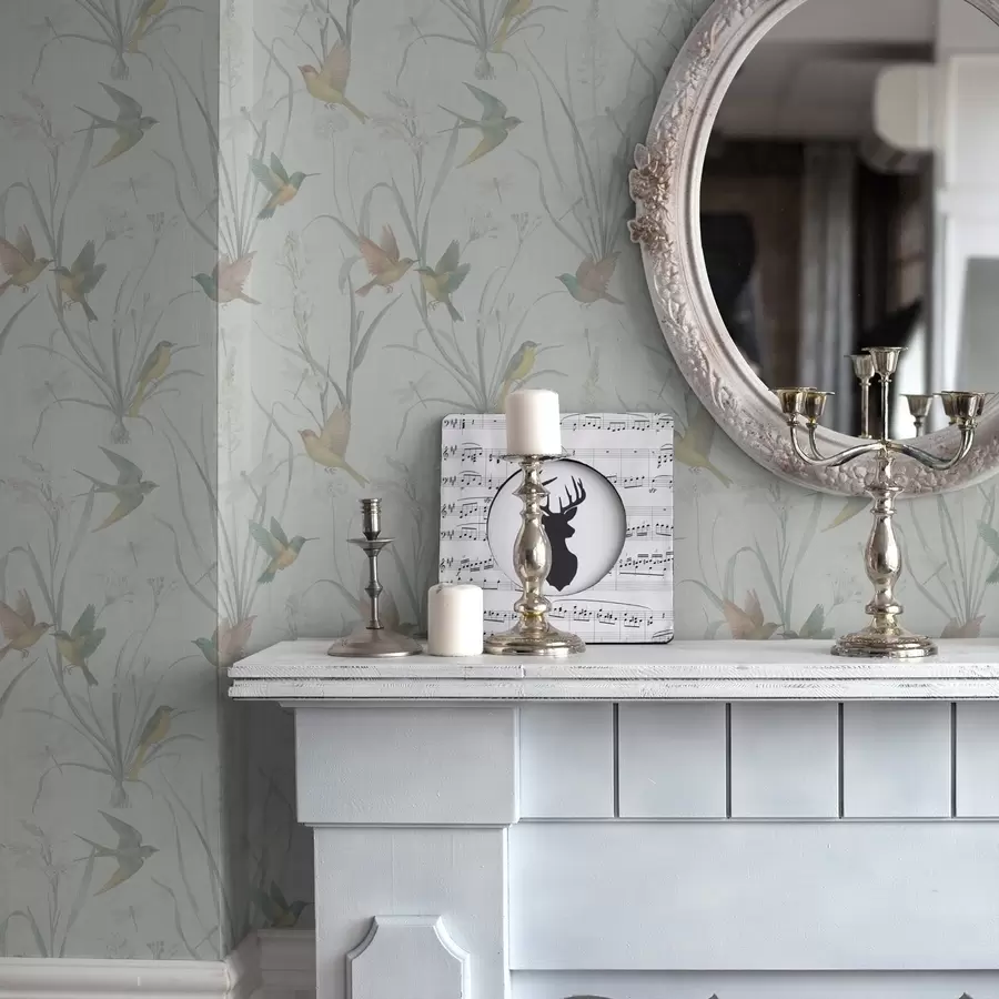 stenske poslikave Ptice med travami na svetlo sivi podlagi a00776v1