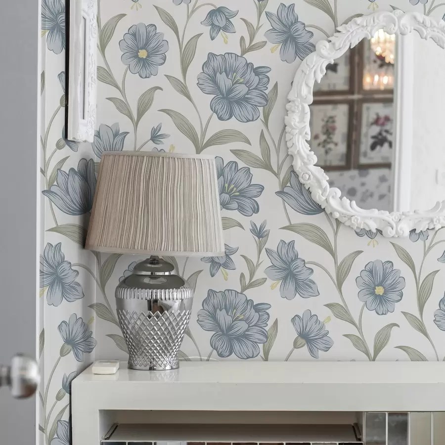 stenske poslikave Prašnato modri cvetovi z oljčnimi listi na beli podlagi a00780