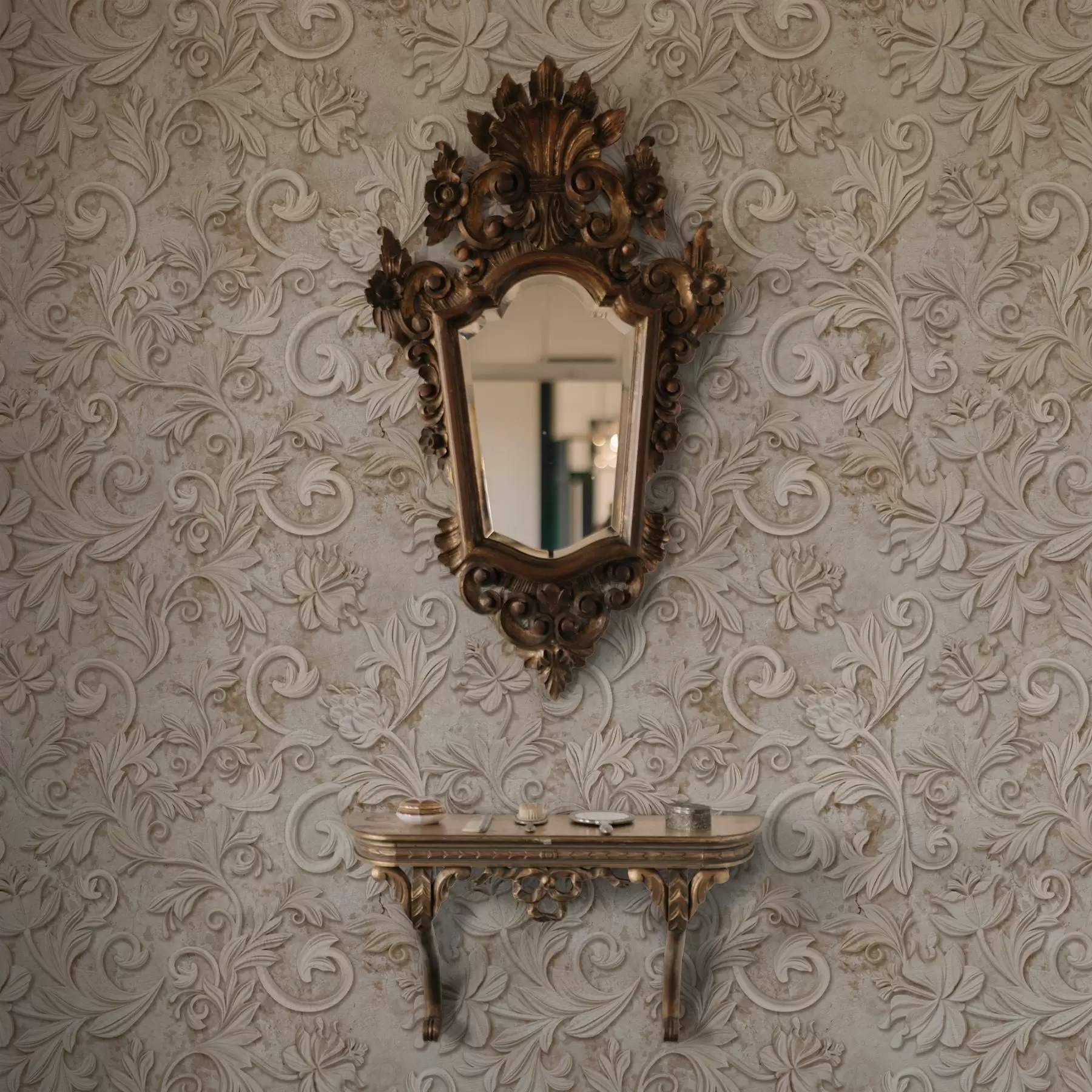 stenske poslikave Kamenit relief s cvetličnimi vzorci, vintage bež a00784