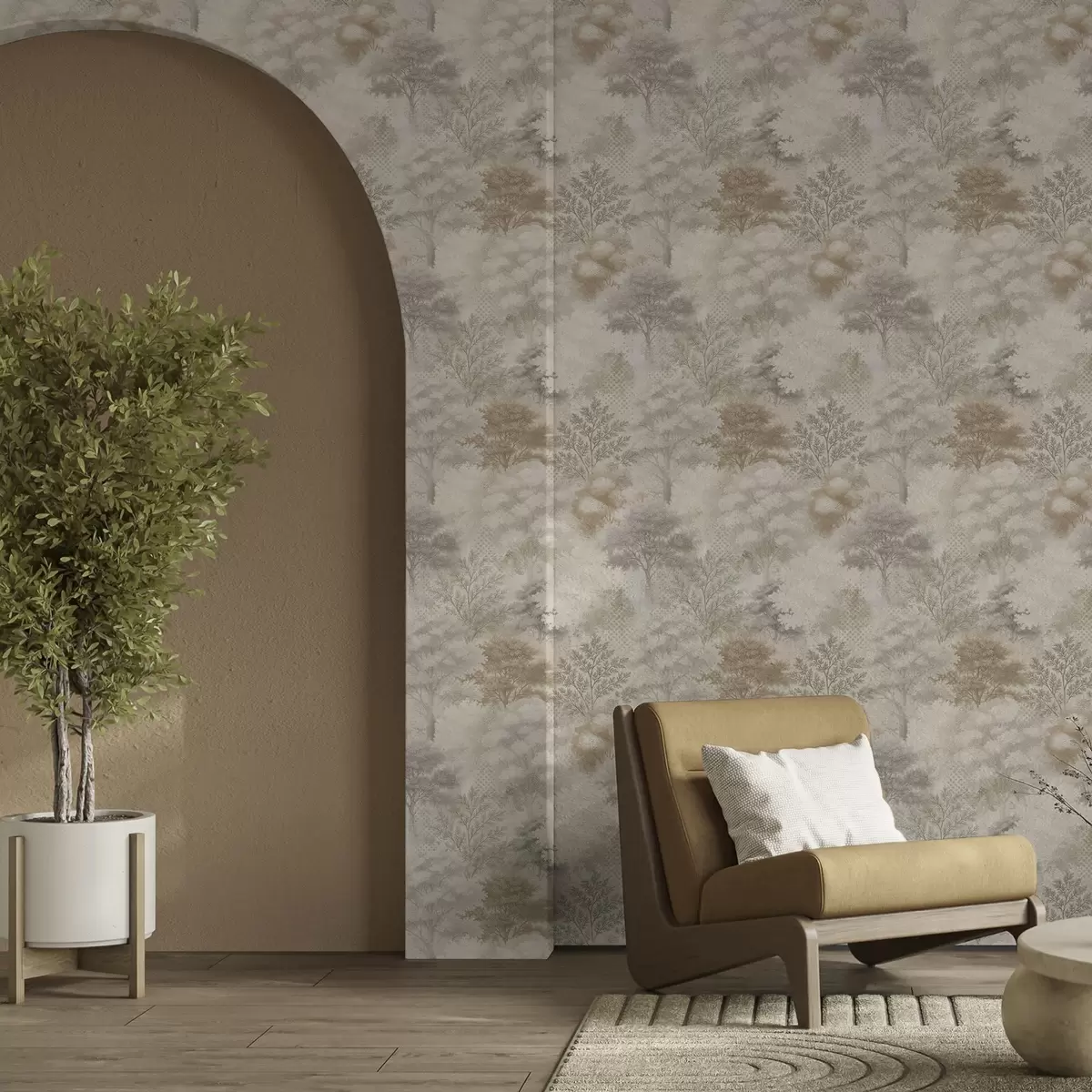 Ozadje Nežni gozd v megli, mehki bež-sivi toni a00785