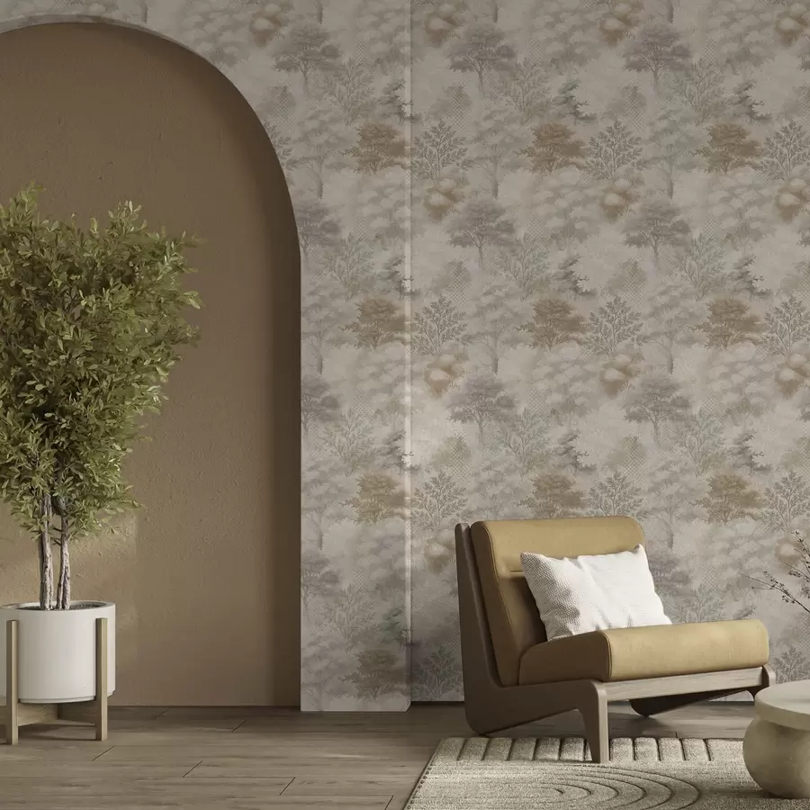 stenske poslikave Nežni gozd v megli, mehki bež-sivi toni a00785