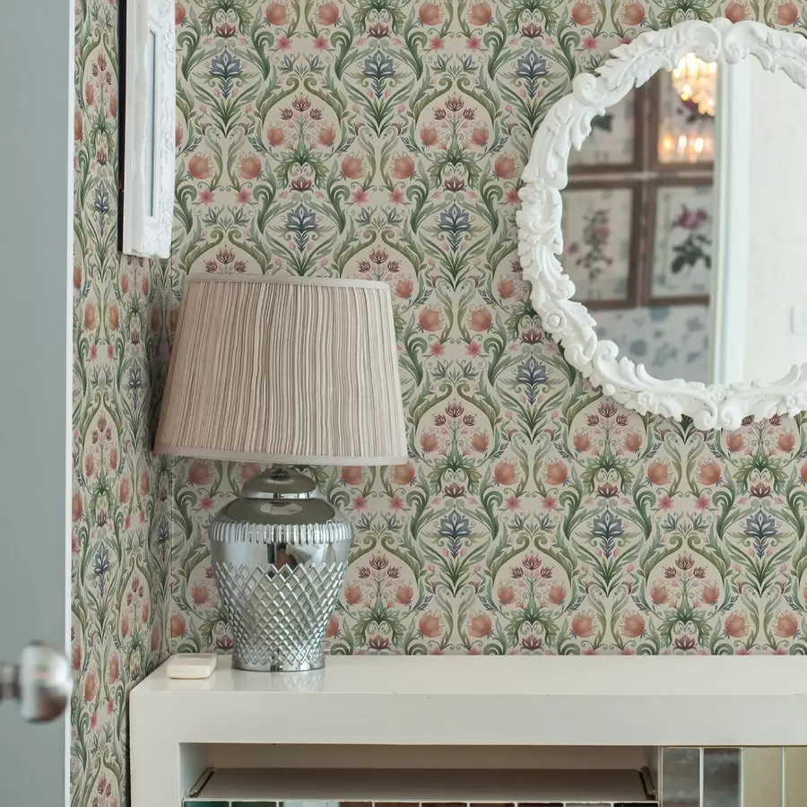 stenske poslikave Simetrični cvetlični ornament, terakota in zelena barva a00827