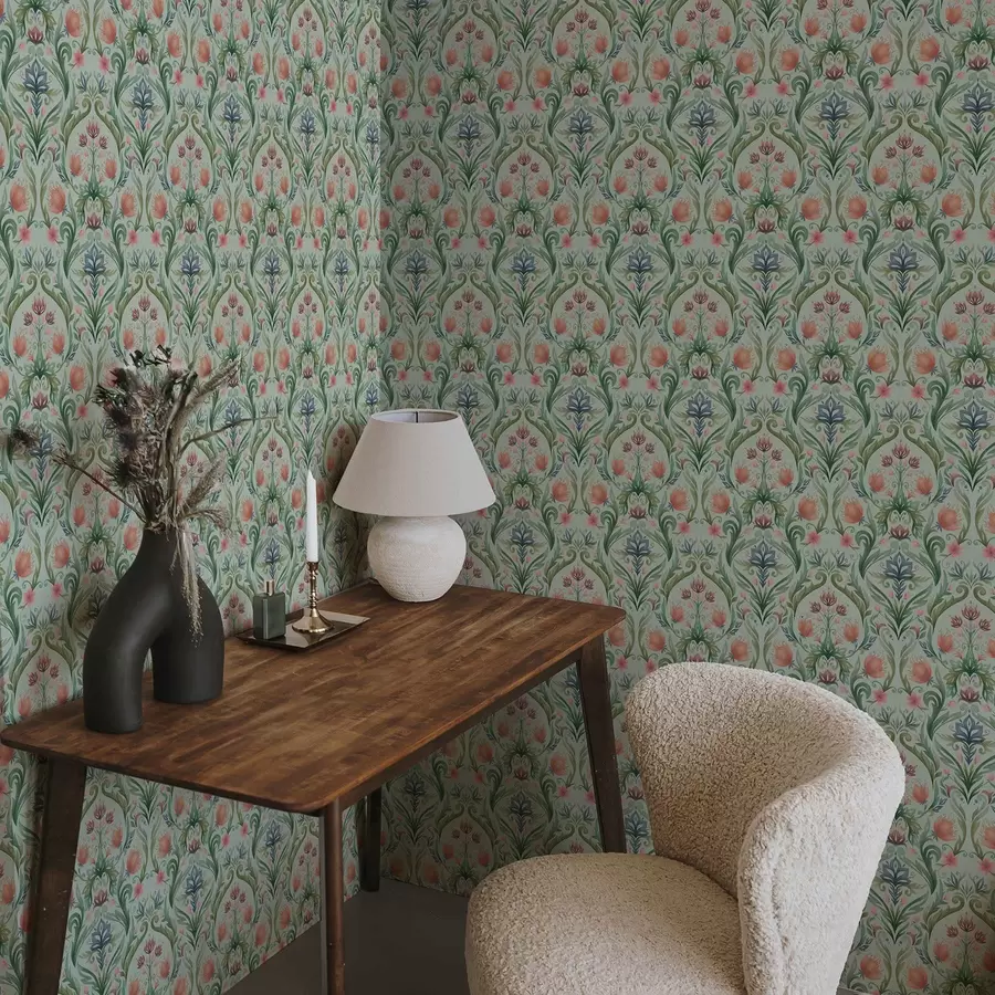 stenske poslikave Simetrični cvetlični ornament, paleta mint-kreme a00827v1