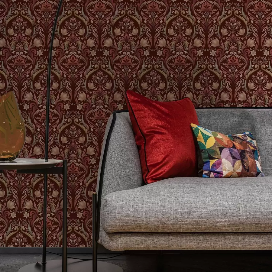 stenske poslikave Tulipanov ornament, bogato burgundsko ozadje a00827v2