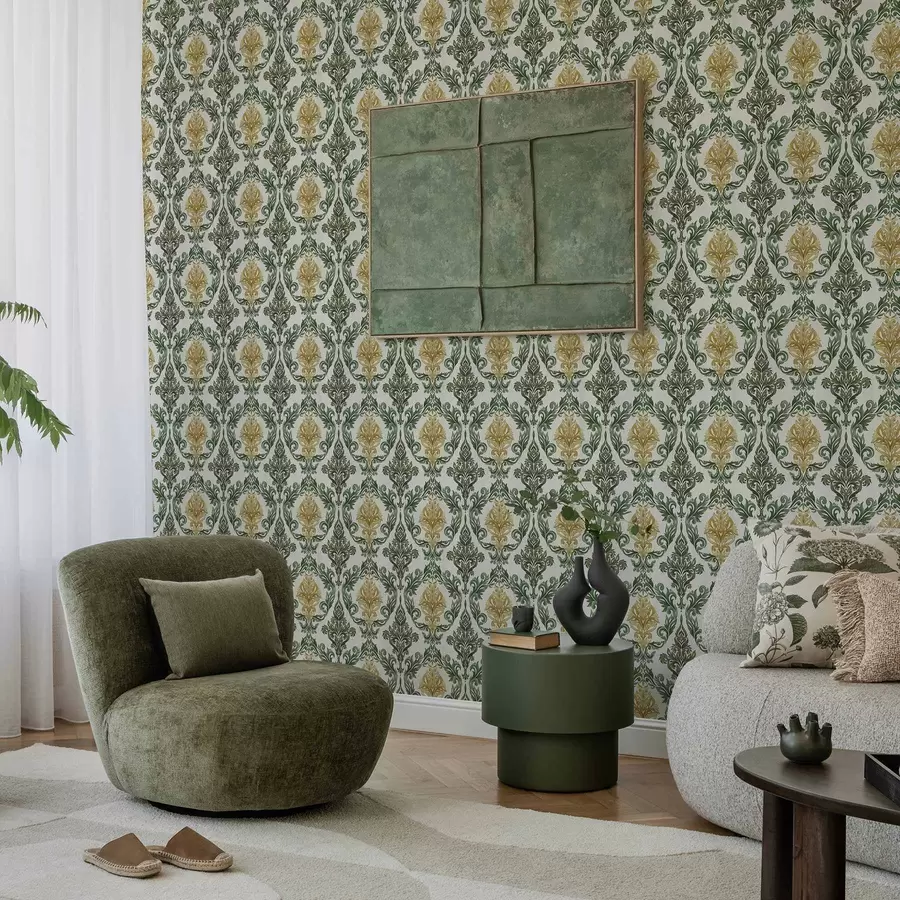 stenske poslikave Damask z zelenimi volutami na svetlem ozadju a00828v1