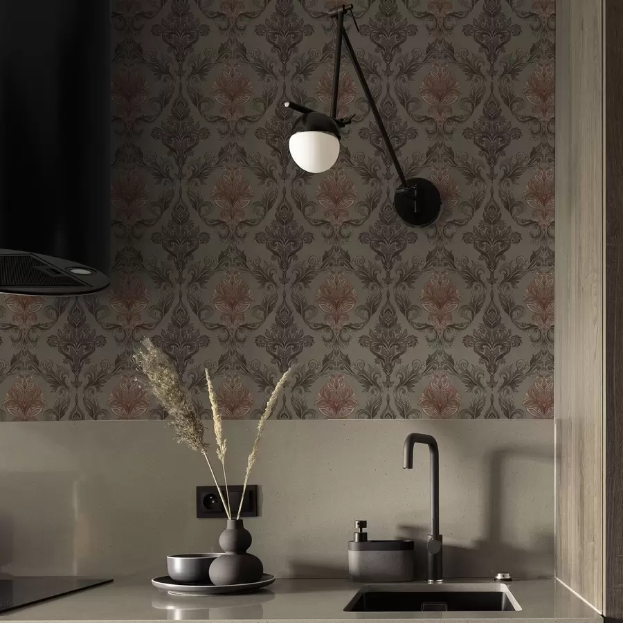 stenske poslikave Terakota damast na umirjeni olivni podlagi a00828v3