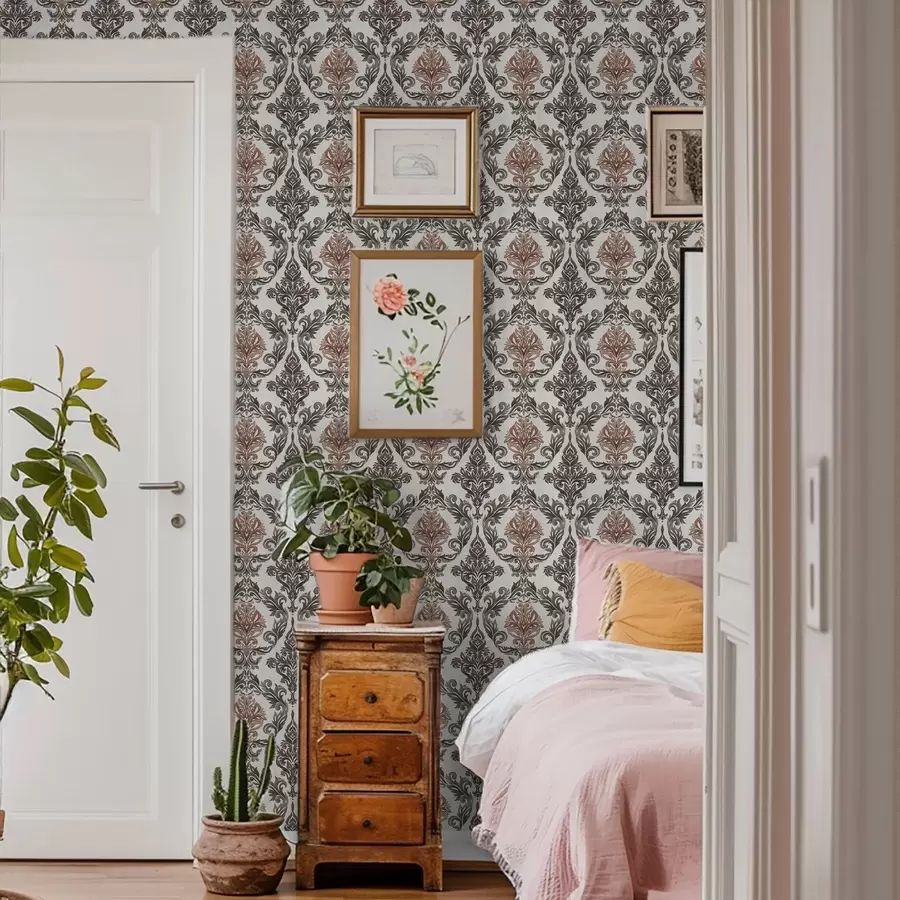 stenske poslikave Damask z bakreno-rjavimi poudarki na svetlem ozadju a00828v4