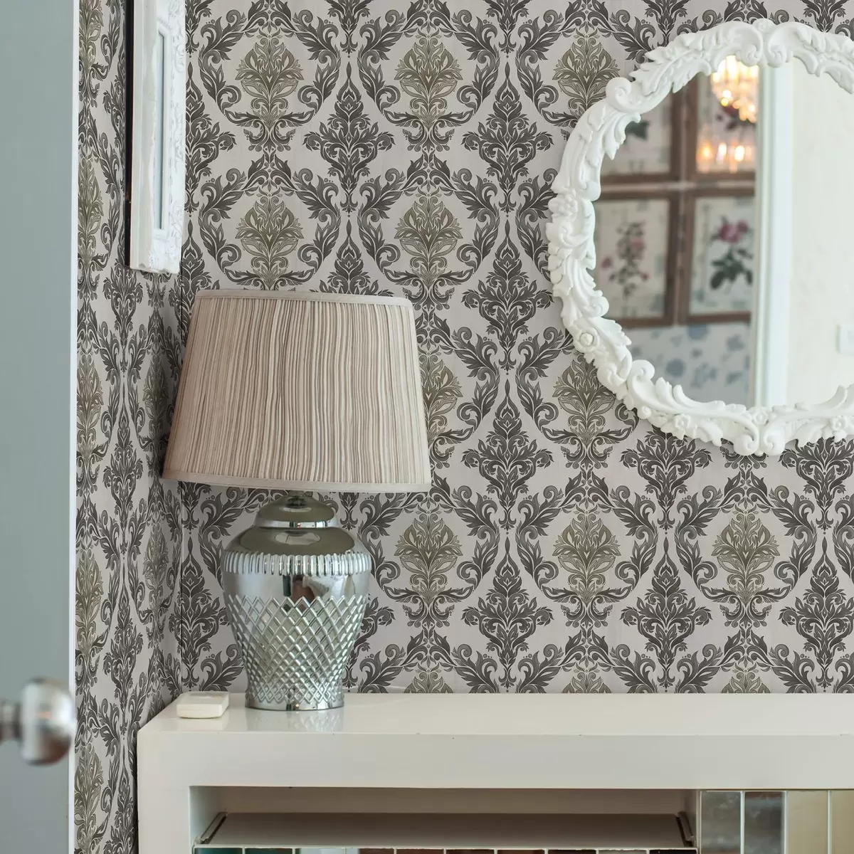 stenske poslikave Damask na svetlem ozadju, olivno-bronasti poudarki a00828v6