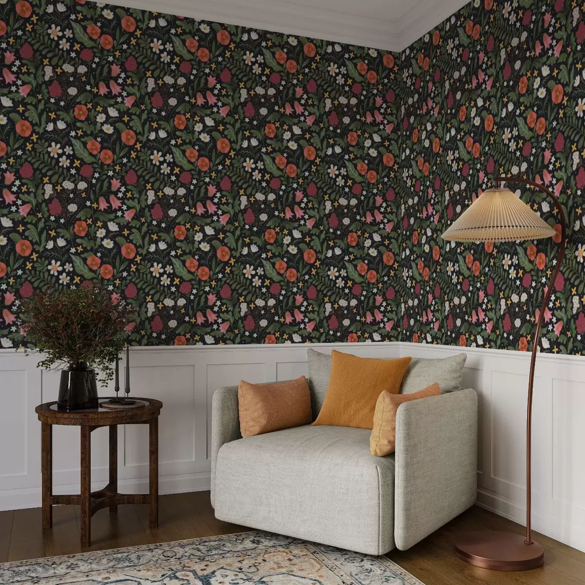 stenske poslikave Divje rože in jagode na temno črnem ozadju a00849v3