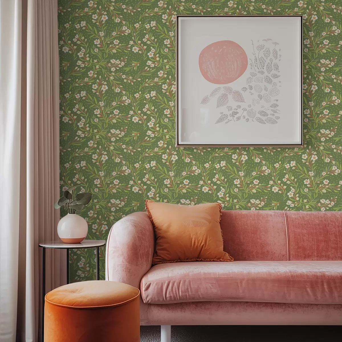 stenske poslikave Veje s kremastimi cvetovi na olivnem ozadju a00850