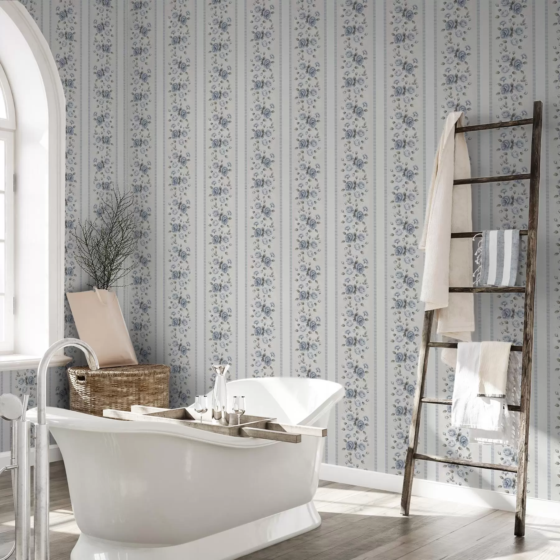 stenske poslikave Modre vrtnice v navpičnih pasovih na svetlem ozadju a00860