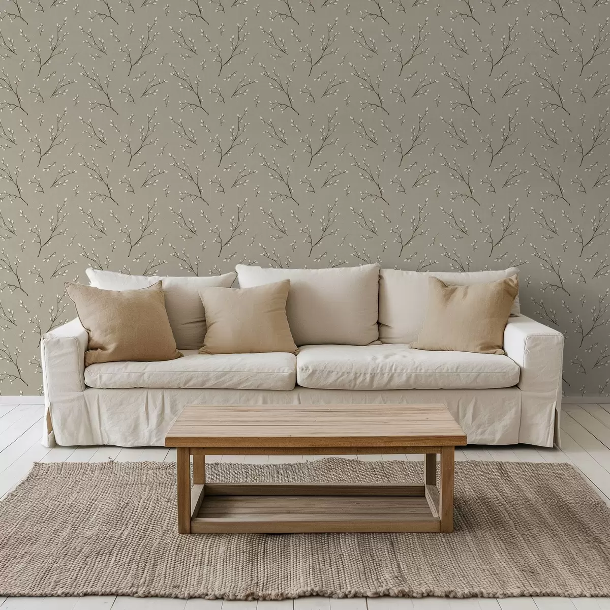 stenske poslikave Vejice z belimi popki na platnenem sivo-rjavem ozadju a00861