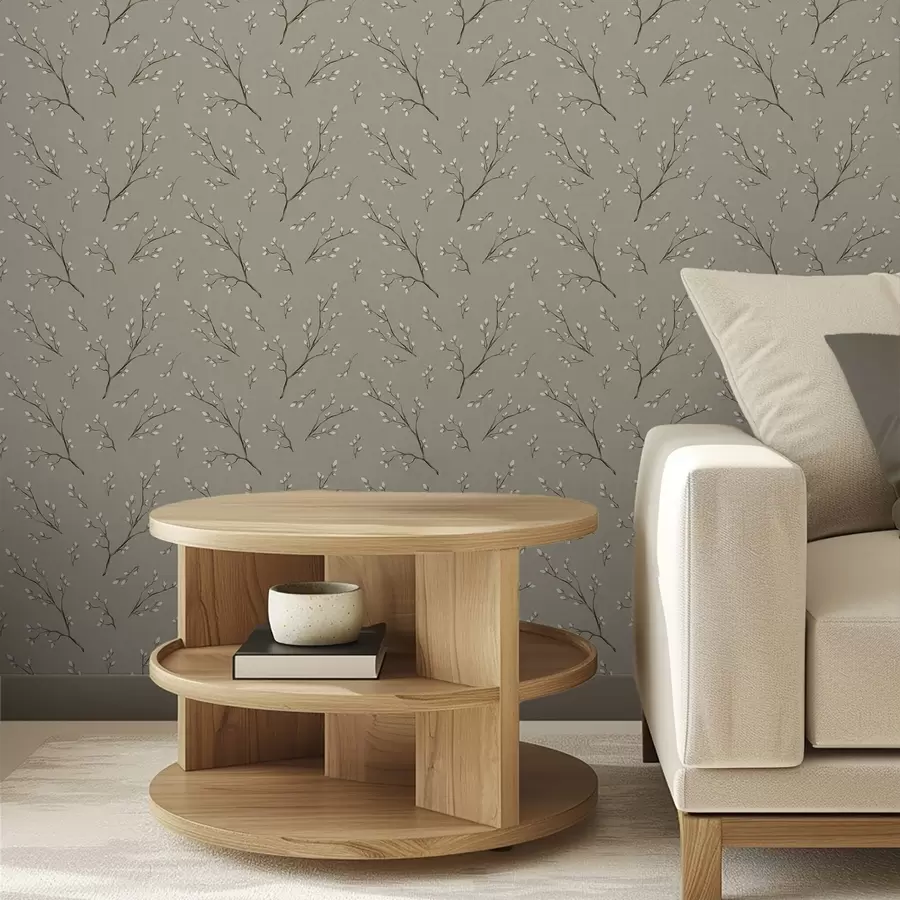 stenske poslikave Vejice z belimi popki na platnenem sivo-rjavem ozadju a00861