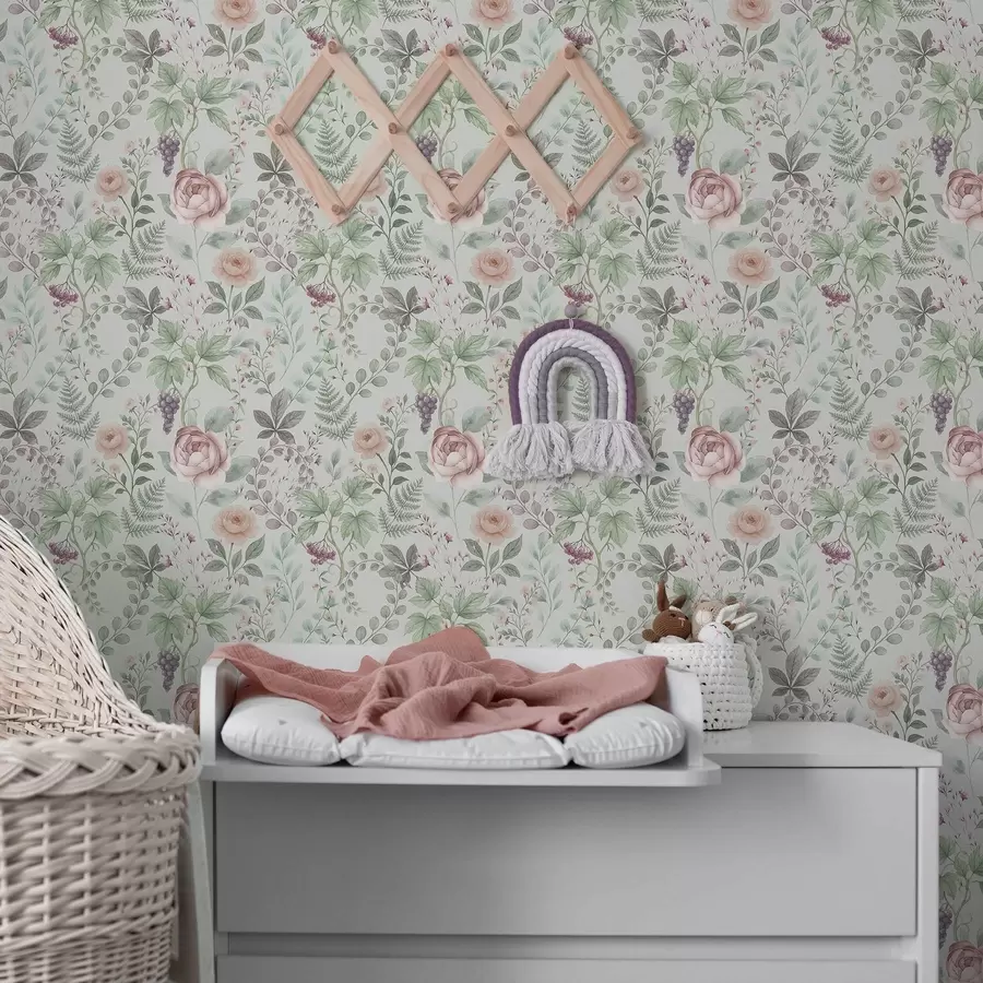 stenske poslikave Pastelni vrt z vrtnicami, praproti in grozdjem a00867