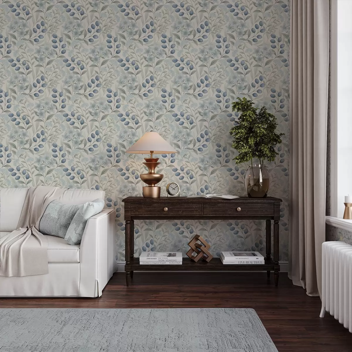 stenske poslikave Modre jagode in svetli cvetovi na slonokoščeni podlagi a00872