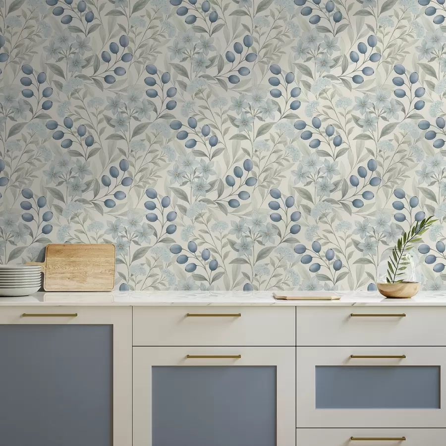 stenske poslikave Modre jagode in svetli cvetovi na slonokoščeni podlagi a00872