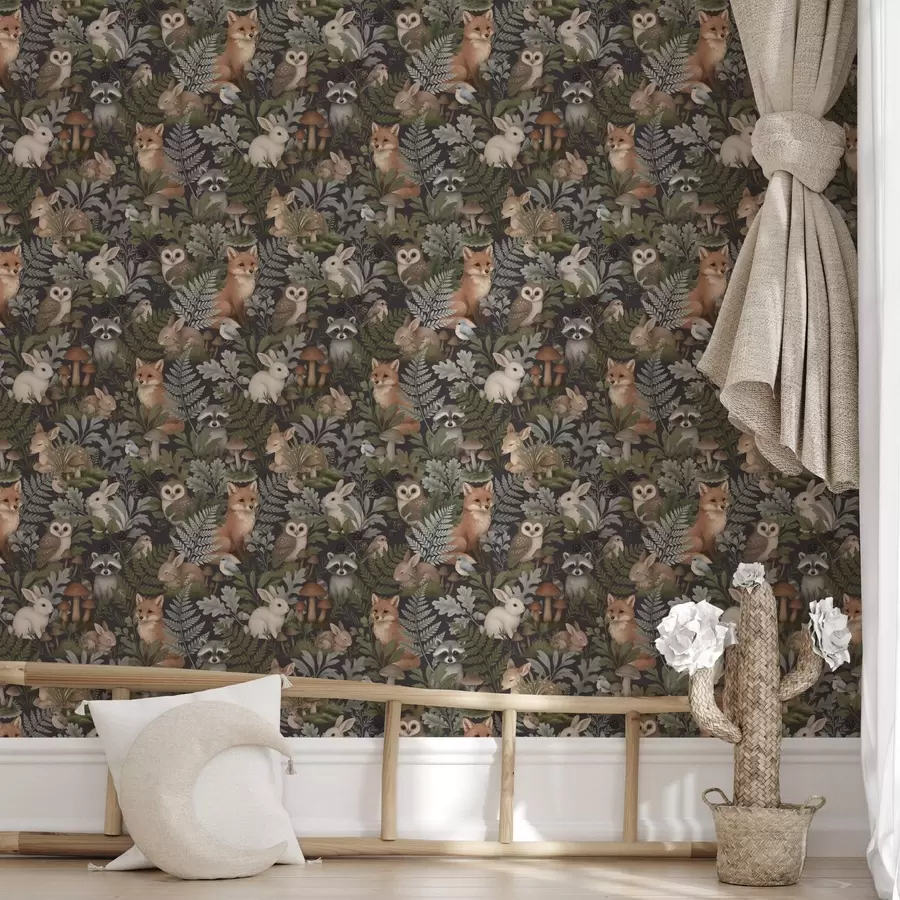 stenske poslikave Gozdne živali in praproti na temnem oglju a00880