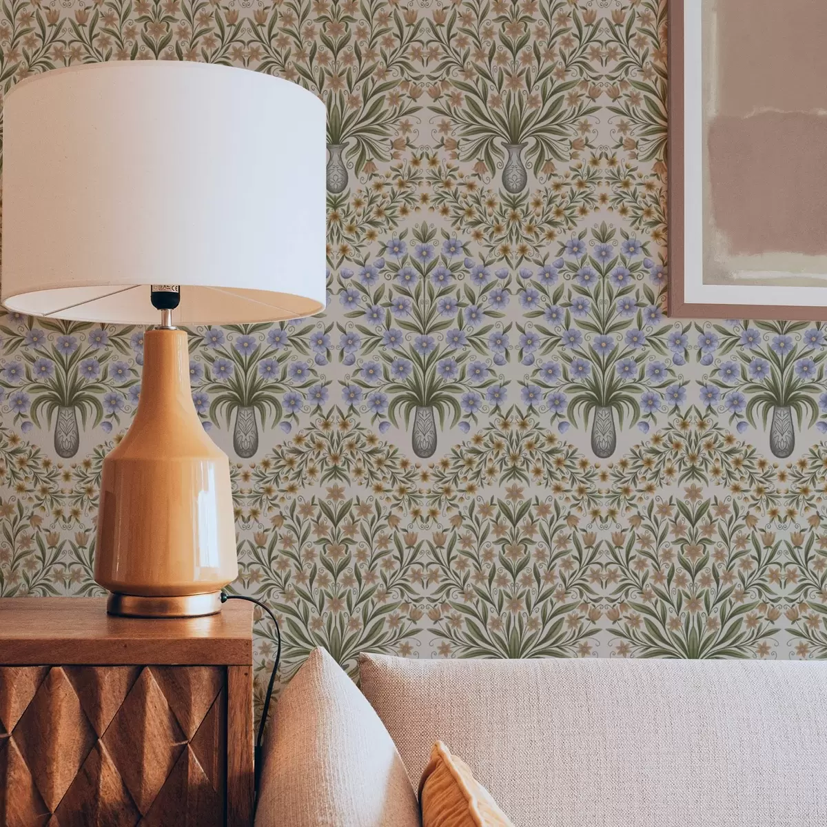 stenske poslikave Ljudske vaze z modrimi cvetovi in oljčnimi listi na rožnati podlagi a00900