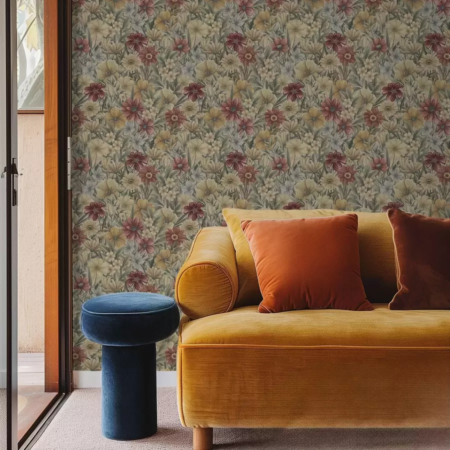 stenske poslikave Vintage travnik cveti v toplih rumenih, rdečih in sivkastih barvah a00906