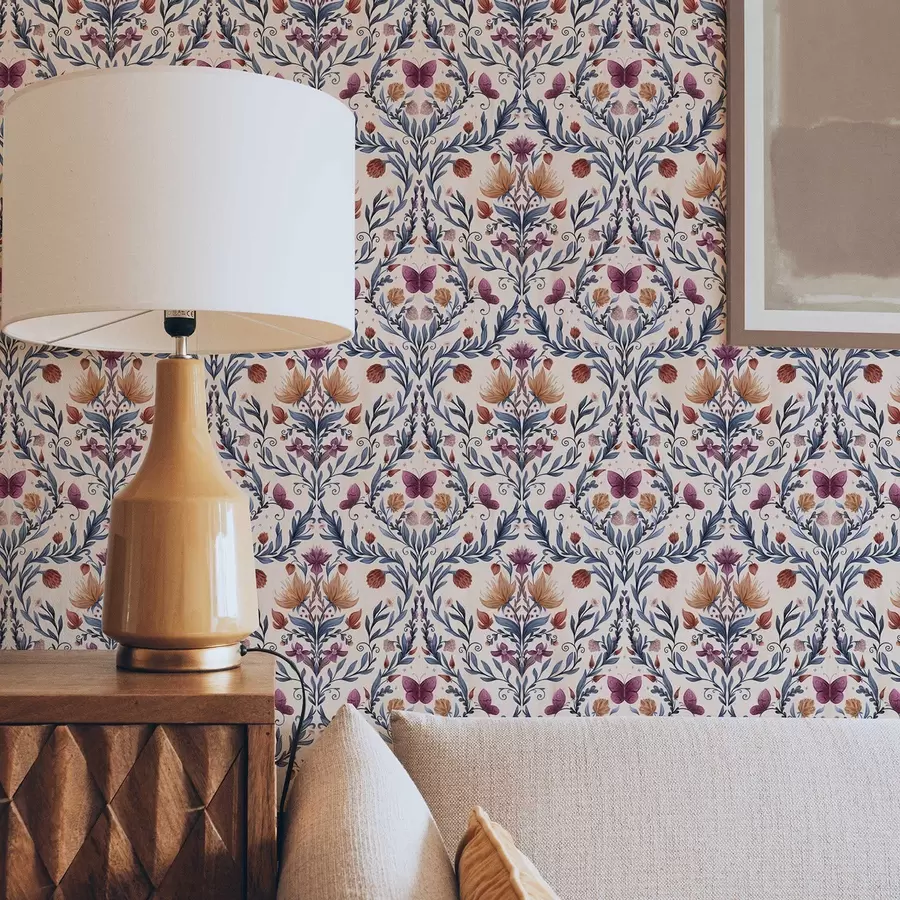 stenske poslikave Cvetlični damast z metulji na nežnem breskovem ozadju a00926