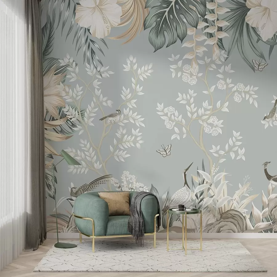 stenske poslikave Tropsko teksturirana pastelna umetnina s pticami, metulji, hibiskusovimi cvetovi, palmovimi listi in drevesi na svetlo modrem ozadju. w09528