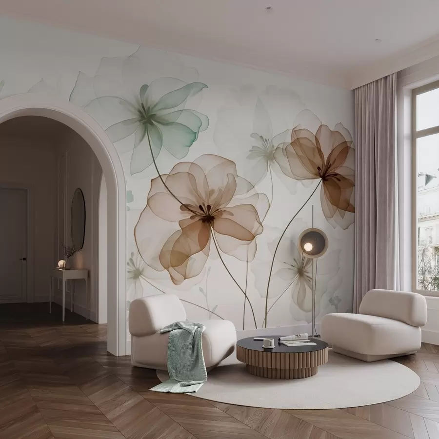 stenske poslikave Prosojne cvetlice z rjavimi in zelenimi cvetnimi listi, dolgimi stebli, svetlim ozadjem, nežnimi barvami in teksturiranim cvetličnim vzorcem. w09529