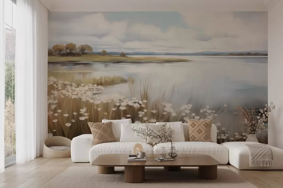 stenske poslikave Teksturirana pokrajina, polje belih cvetov in visoke trave, jezero v ozadju, travnat hrib z drevesi, nežne barve w09530