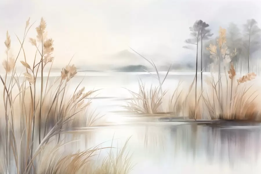 stenske poslikave Pokrajina z jezerom in visoko travo v ospredju, gorami v ozadju, mehkimi barvami, teksturo w09534