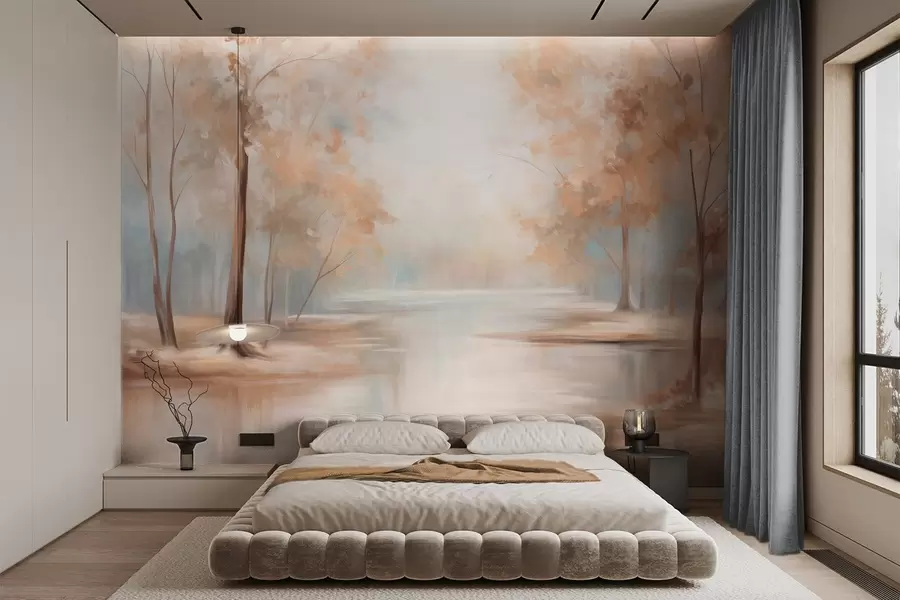 stenske poslikave Jesenska teksturirana pokrajina z drevesi in reko, nežne barve, svetla in zračna atmosfera, mirna in spokojna scena w09541