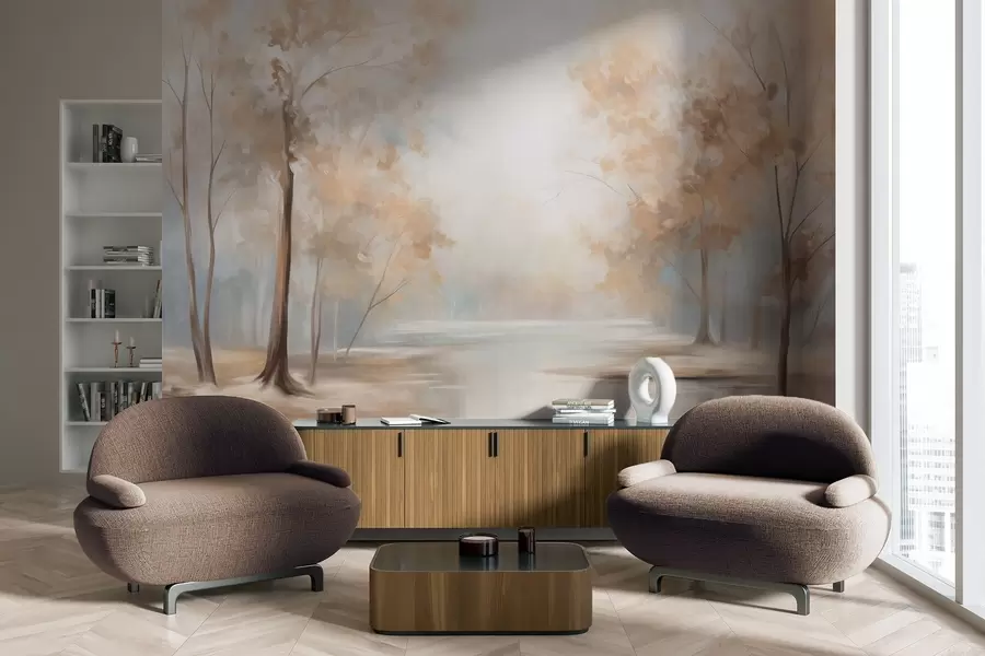 stenske poslikave Jesenska teksturirana pokrajina z drevesi in reko, nežne barve, svetla in zračna atmosfera, mirna in spokojna scena w09541