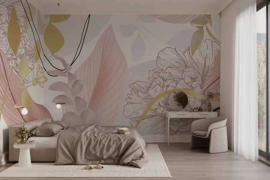 stenske poslikave Abstraktni cvetlični potisk z velikimi listi v odtenkih pridušene roza, rumene barve s tankimi črnimi črtami in belimi cvetličnimi obrisom. w09544v1