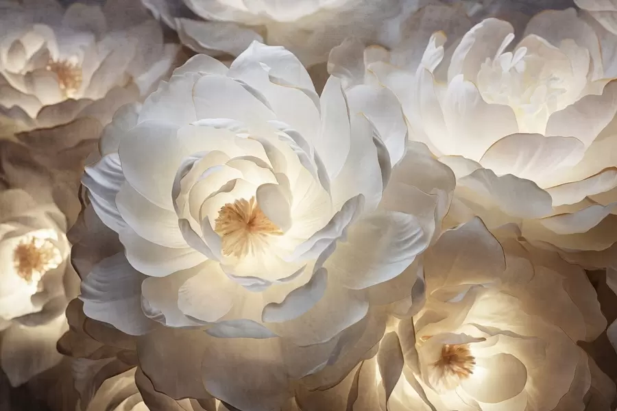 stenske poslikave Veliki, beli fantazijski cvetovi potonike z rumenim središčem, mehko osvetlitvijo in nežnimi, teksturiranimi plastmi cvetnih listov w09550