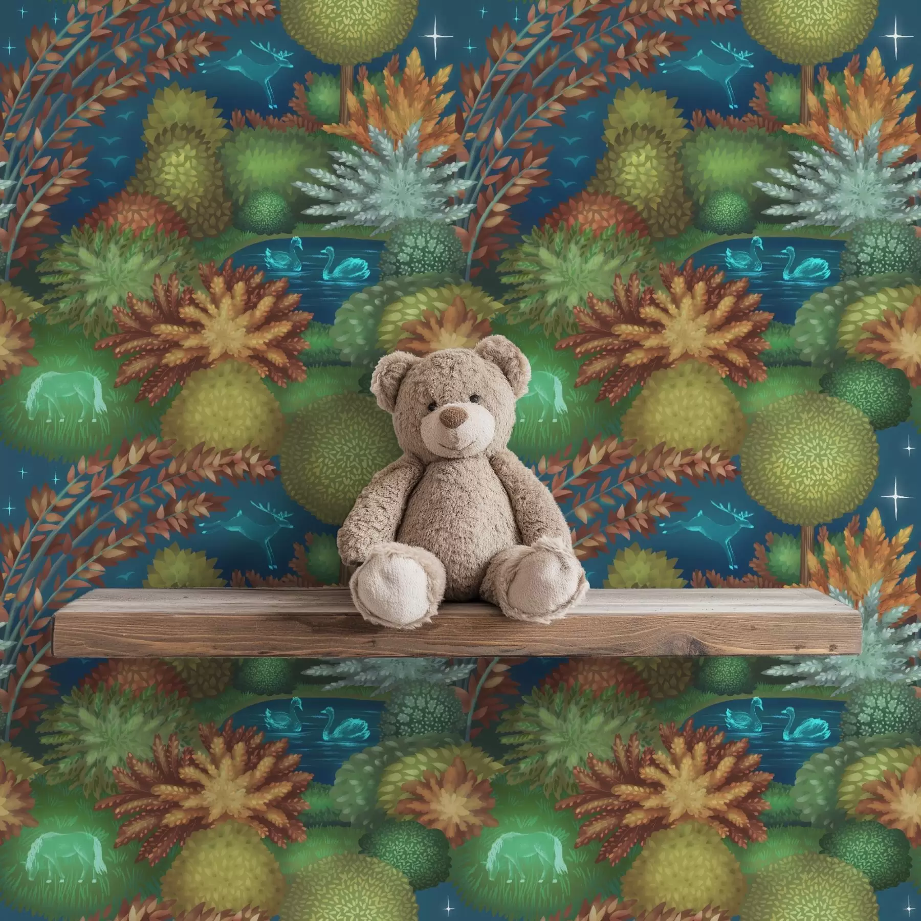 stenske poslikave Pravljični nočni vrt z jezerom in svetlečimi živalmi a00851