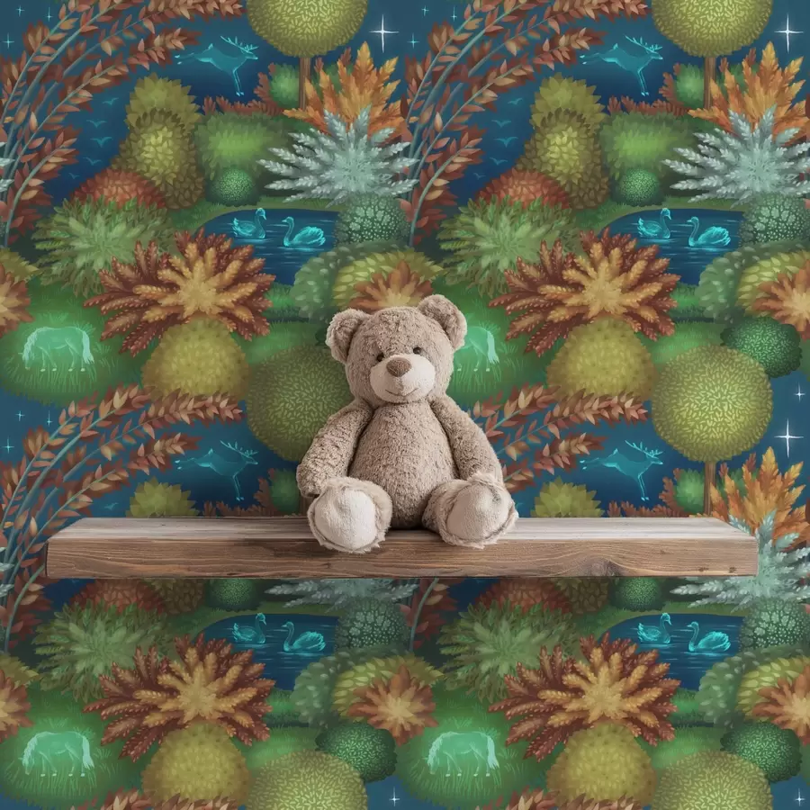 stenske poslikave Pravljični nočni vrt z jezerom in svetlečimi živalmi a00851