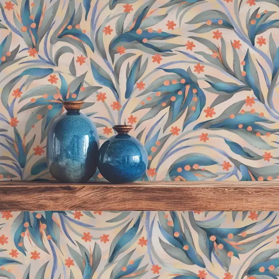 stenske poslikave Abstraktno modro listje s koralnimi cvetovi a00852