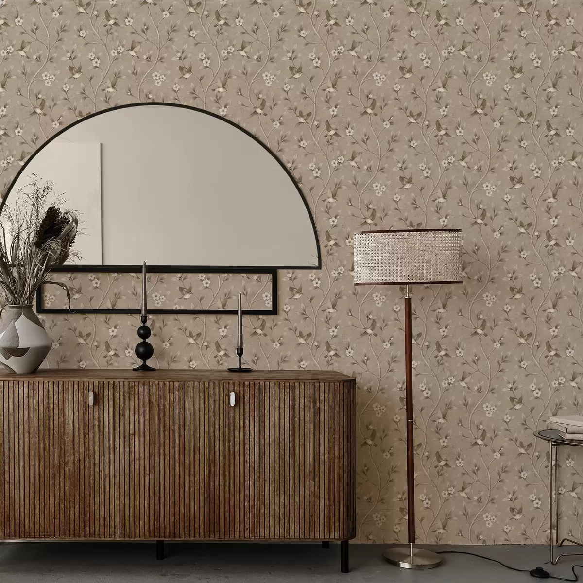 Ozadje Ptice in cvetoče veje v toplih sepiastih tonih a00882