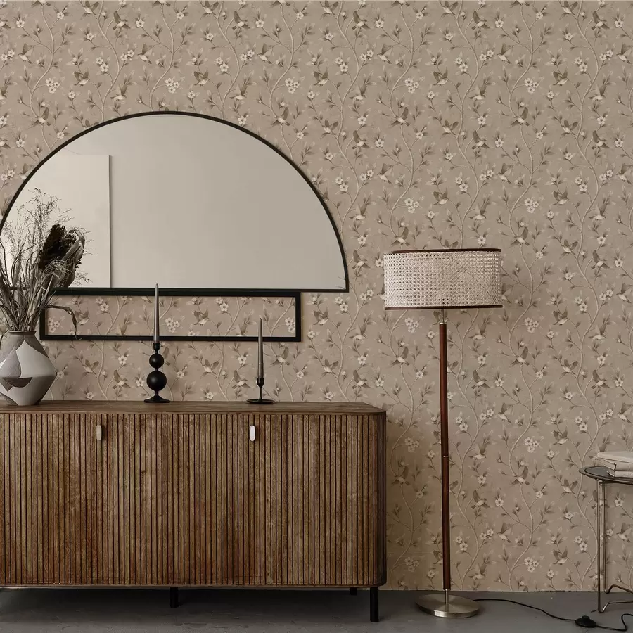 stenske poslikave Ptice in cvetoče veje v toplih sepiastih tonih a00882