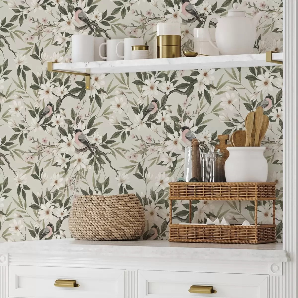 Ozadje Škrjanci z belimi prsmi na vejah s kremastimi cvetovi a00889