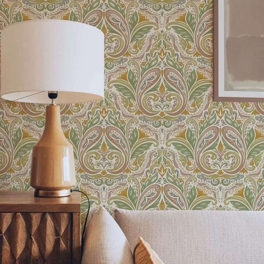 stenske poslikave Okrasni listnati vrtinci v zelenih in terakotnih odtenkih a00927v1