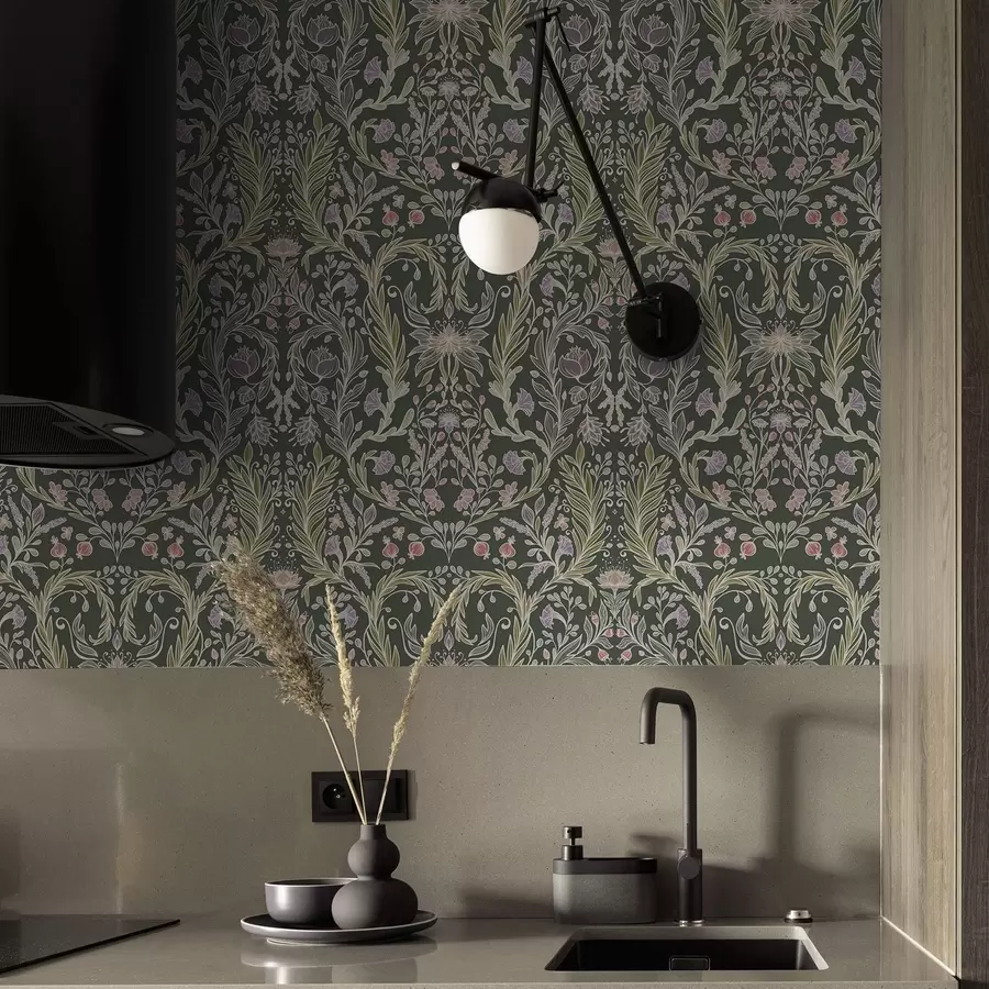 stenske poslikave Simetrični cvetlični ornament na temno zelenem ozadju a00928