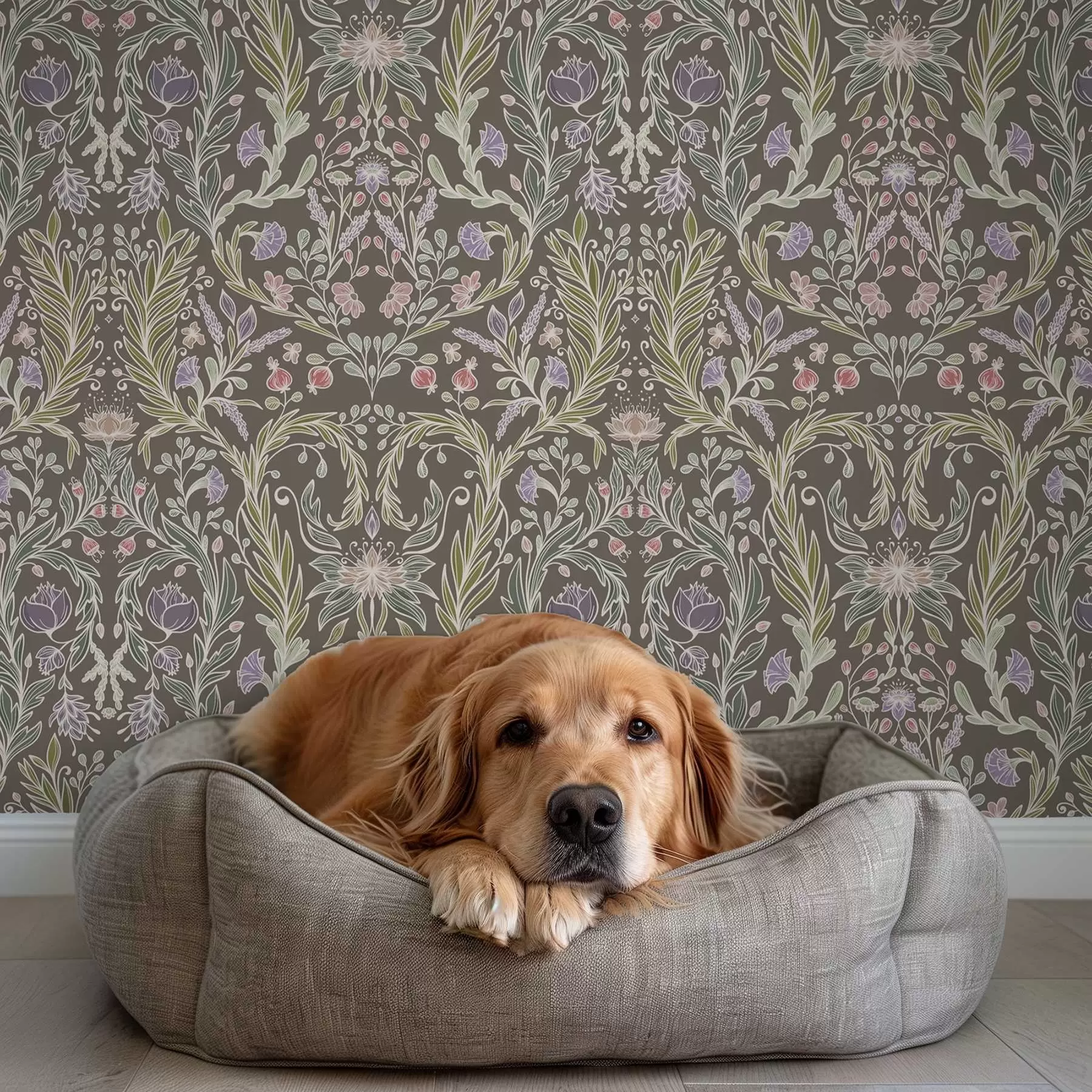 stenske poslikave Simetrični cvetovi in listi na rjavosivem ozadju a00928v2