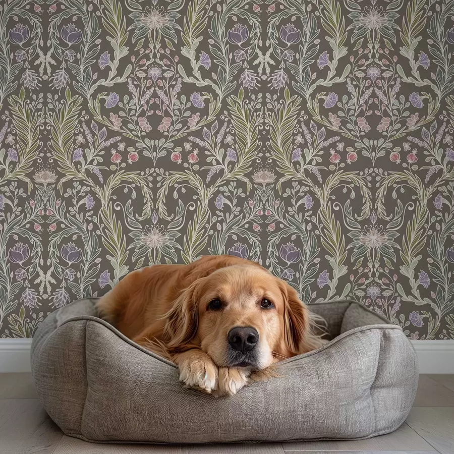 stenske poslikave Simetrični cvetovi in listi na rjavosivem ozadju a00928v2