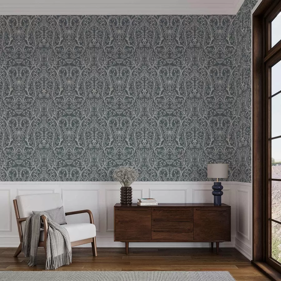 stenske poslikave Linearni cvetlični ornament na modro-sivi podlagi a00929v1