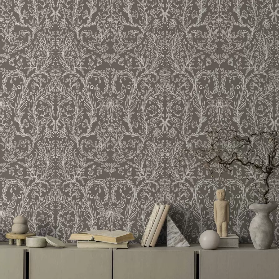 stenske poslikave Enobarvni botanični vzorec na topli rjavi barvi a00929v2