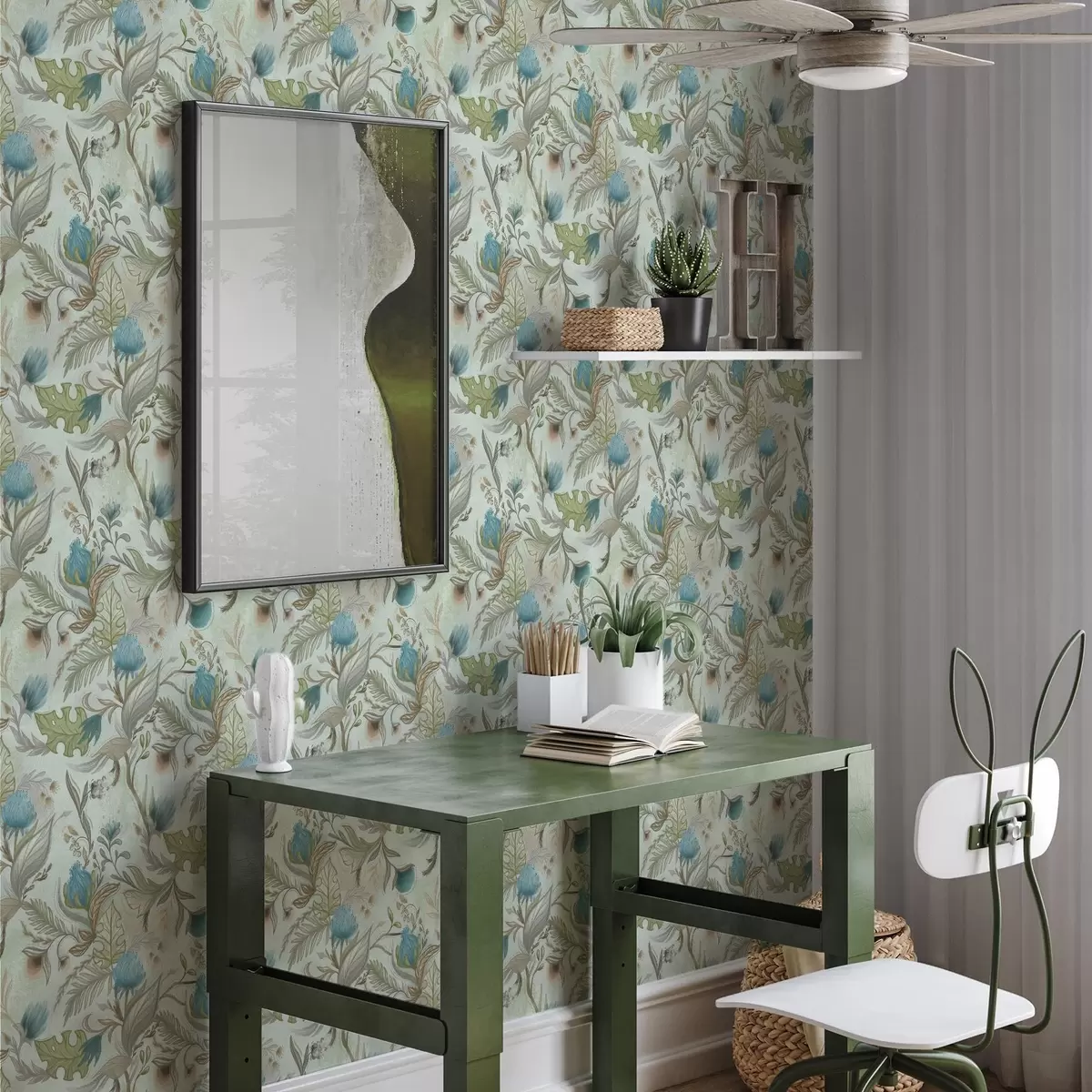 Ozadje Modri cvetovi in zelenje na nežnem mint ozadju a00930v1